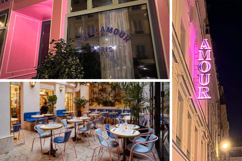 Exterior and Interior shots of Restaurant Amour in Paris, France