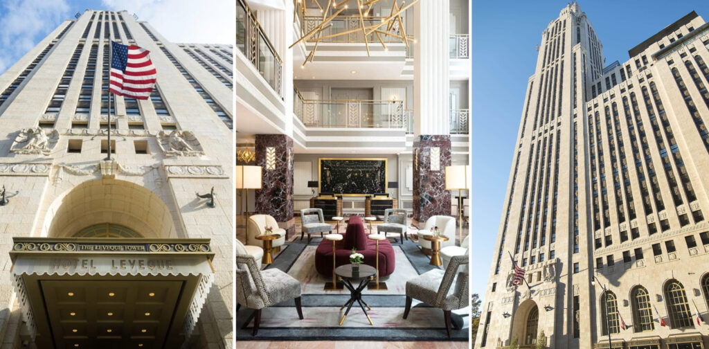 Two exterior views of Hotel LeVeque, and one interior view of the lobby
