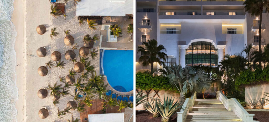 Aerial view of the pool and beach at Hotel NYX Cancún (left) and front exterior of Hotel NYX Cancún (right)