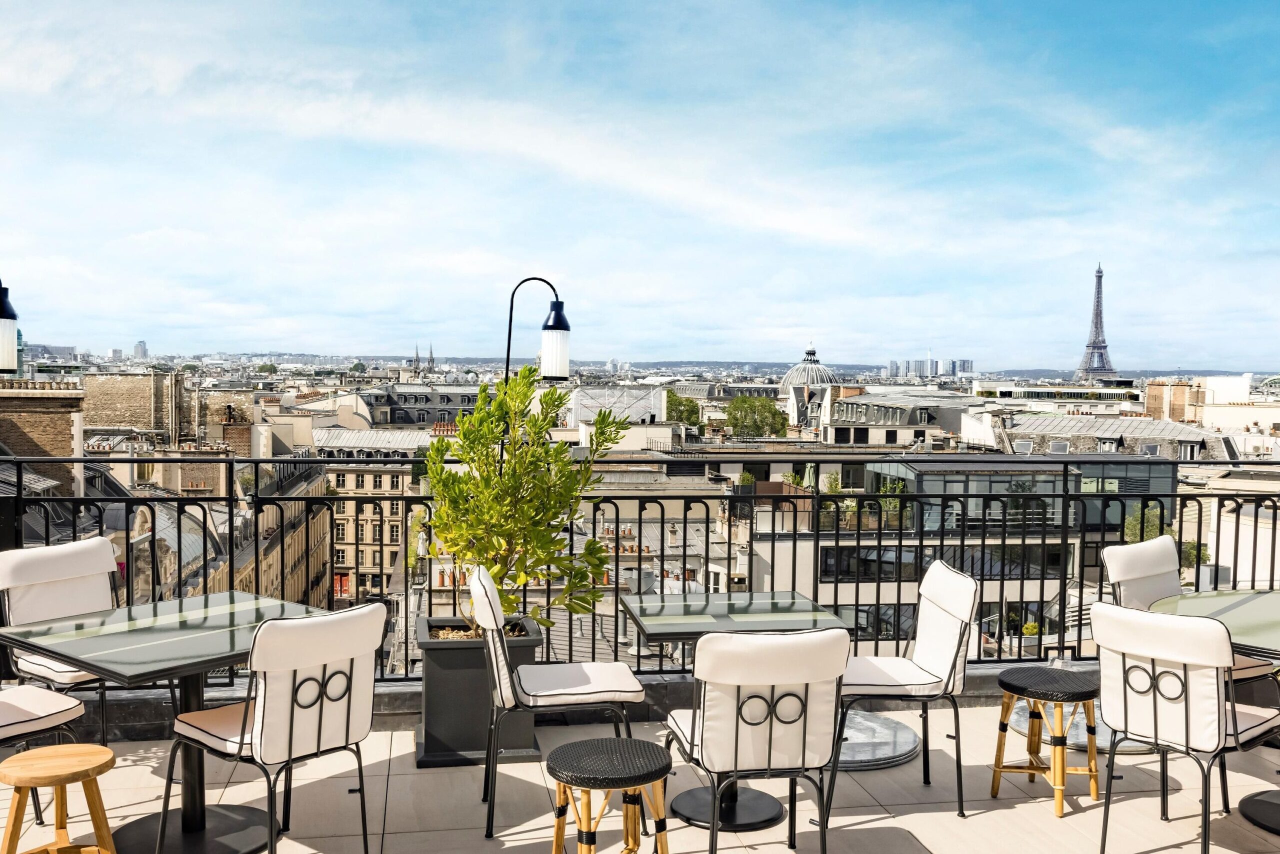 Sequoia rooftop at Kimpton St Honoré Paris bar overlooking Paris skyline