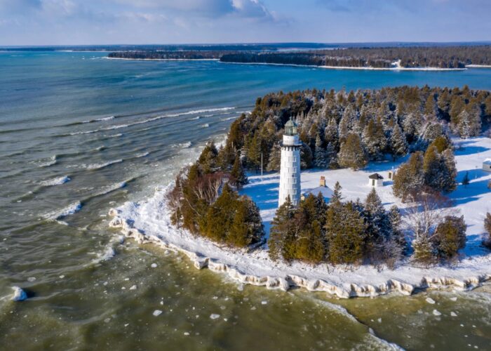 Aerial view of Cana Island Lighthouse by water in Door County, Wisconsin, United States
