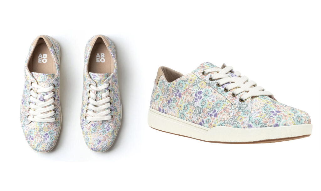 Two view of the ABEO Addie Sneaker in the floral pattern