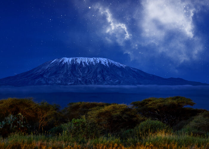 Starry night sky over Mount Kilimanjaro