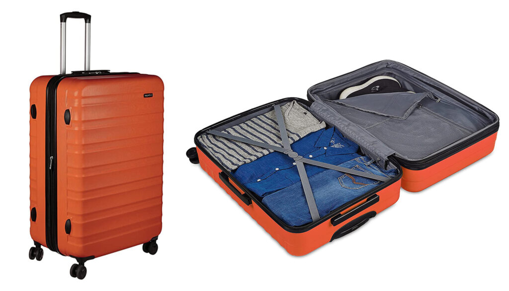 Two views of Amazon Basics 30-Inch Hardside Spinner in orange