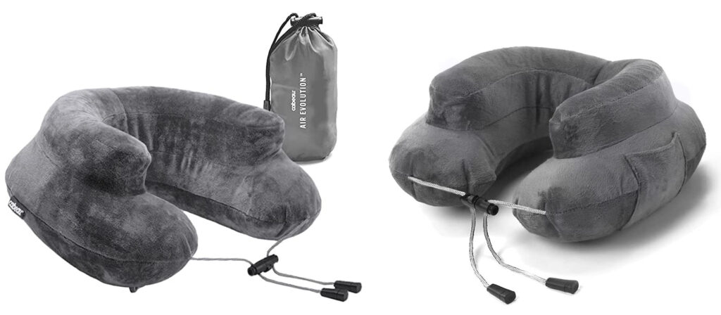 Two views of the Cabeau Air Evolution Inflatable Neck Pillow in grey