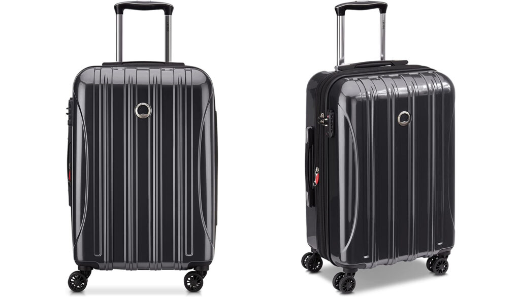 Two views of the Delsey Paris Helium Aero 21” Hardshell Luggage