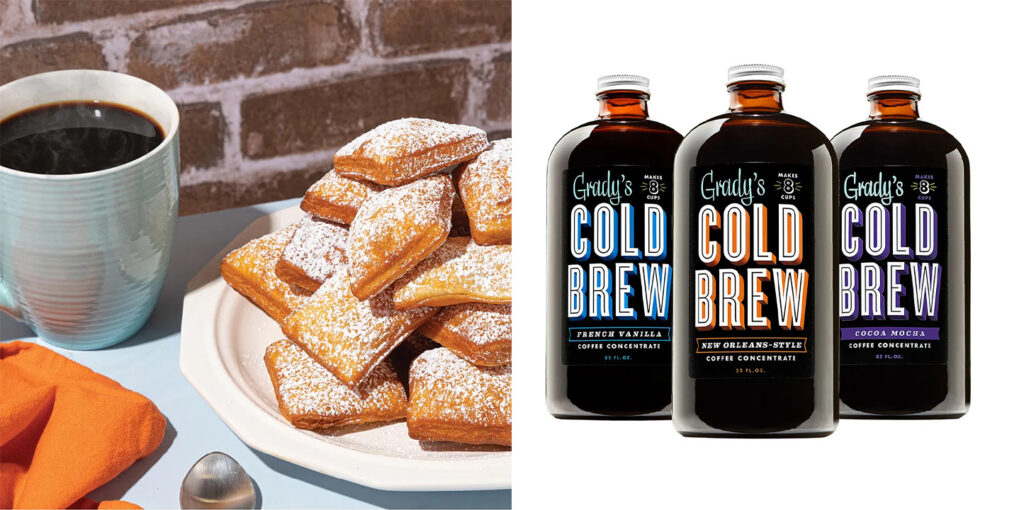 Glass of cold brew next to a plate of beignets (left) and three glass jars of Grady's Cold Brew (right)