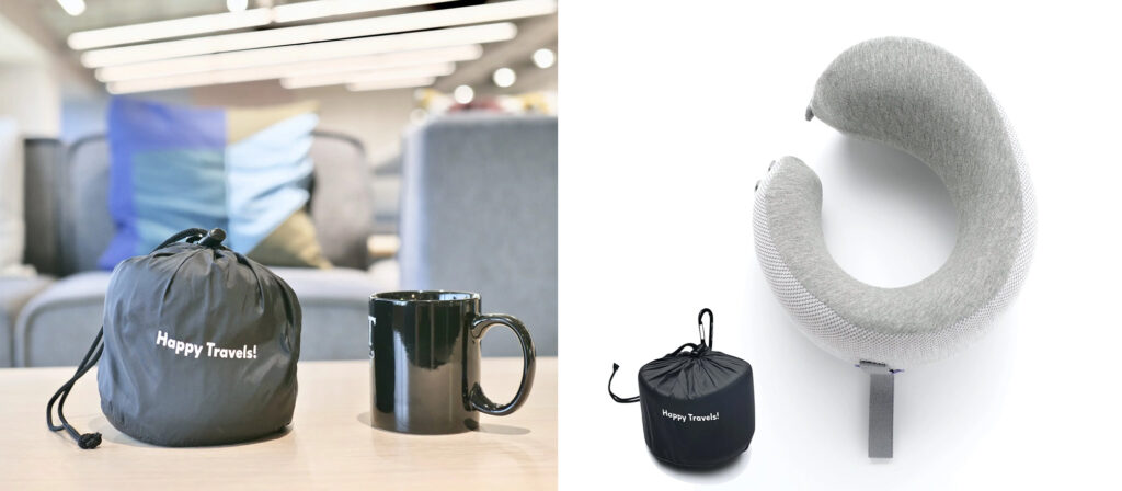 Cushion Lab Travel Pillow compressed into its carrying case next to a coffee mug for size (left) and Cushion Lab Travel Pillow fully decompressed (right)