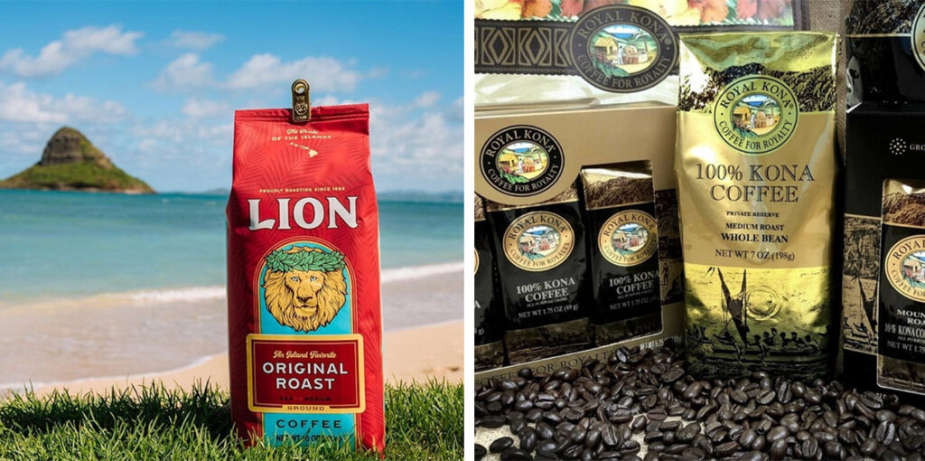 Lion Coffee from Hawaiian Coffee Company photographed on a beach (left) and Kona Coffee from Hawaiian Coffee Company photographed surrounded by coffee beans (right)
