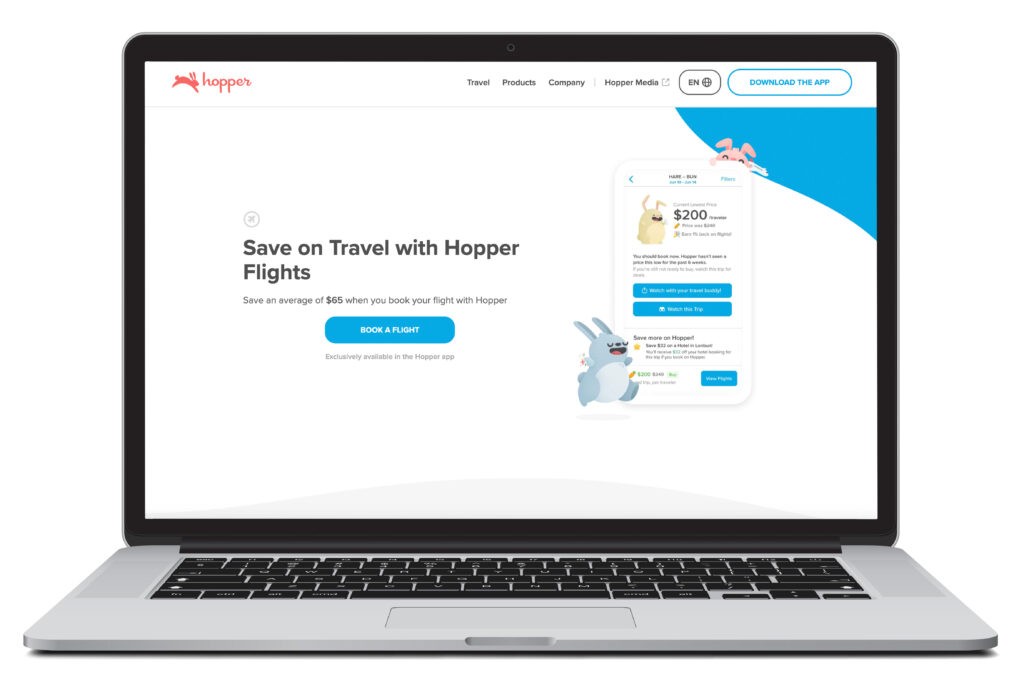 Open laptop showing flight search homescreen for Hopper