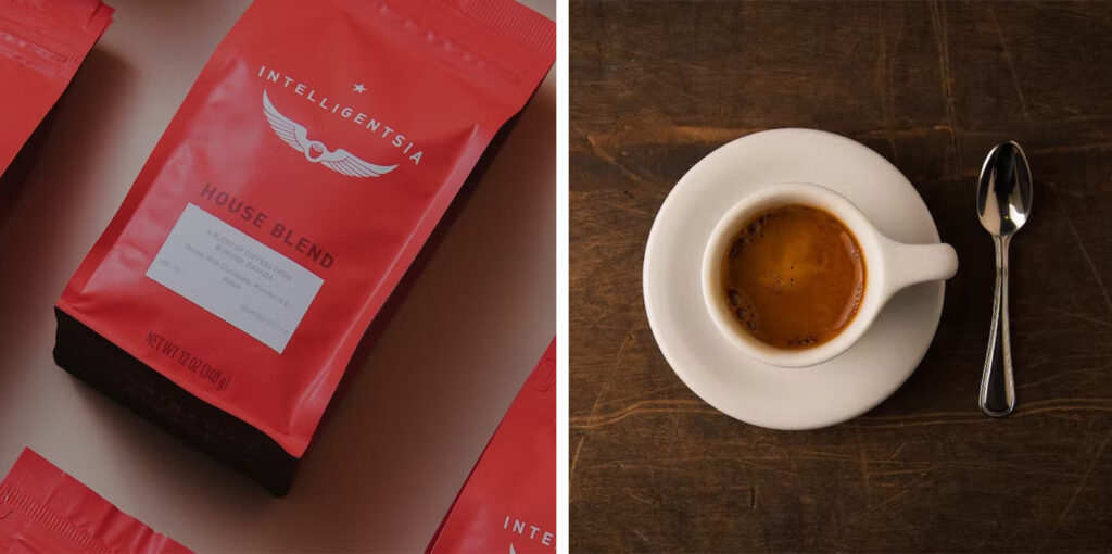 Flat lay of bags of Intelligentsia coffee (left) and overhead shot of cup of coffee on a wooden table (right)