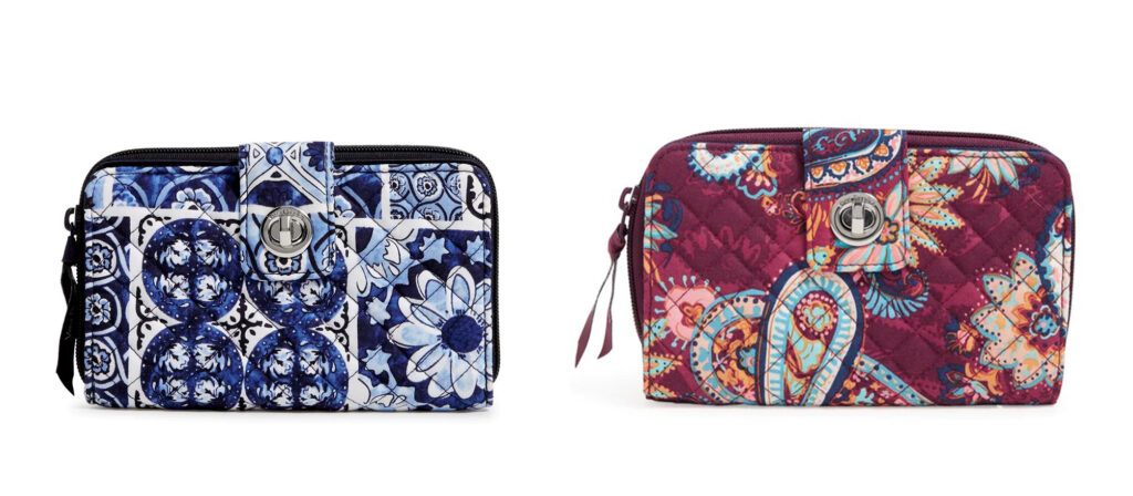 Two color and design options of the Vera Bradley Iconic RFID Turnlock Wallet