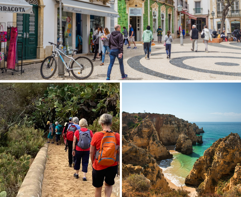 Women walking and various landscapes and cityscapes guests will encounter on the Walking Women Journey Across the Coastal Algarve Portugal women only trip, one of many women-only trips