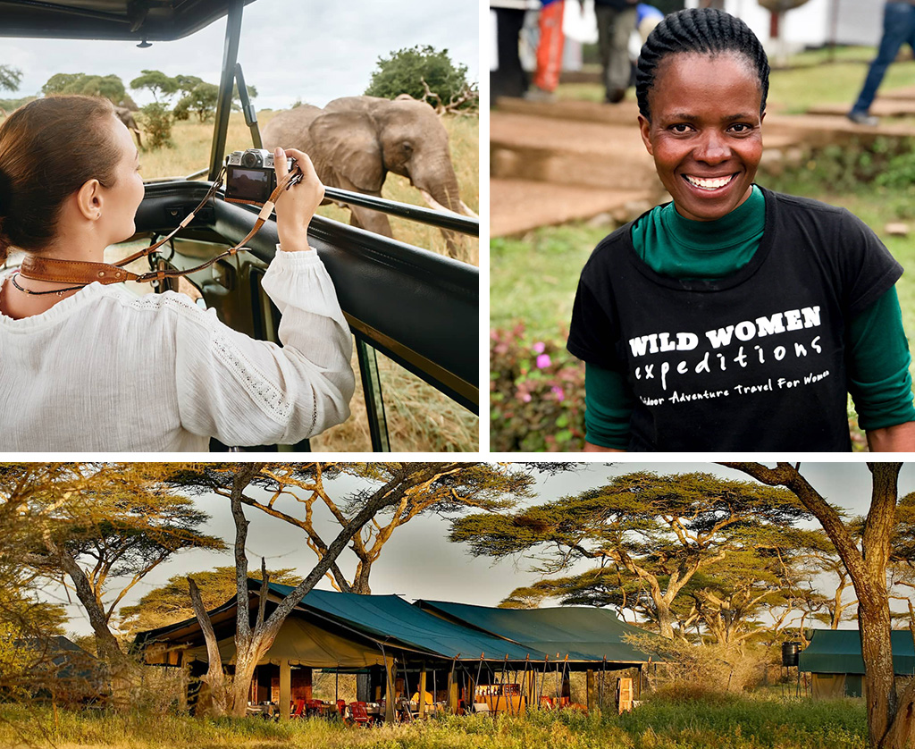 Images of women participating in the Wild Women Tanzania Trek and Safari, one of many women-only trips