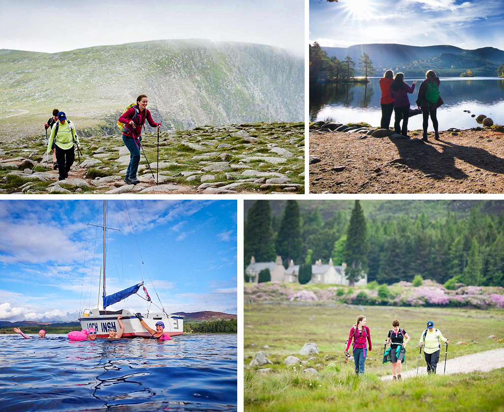 A grid of four photos showing women hiking and swimming on the Wilderness Scotland The Highlands Wilderness Tour woman only trip one of many women-only trips