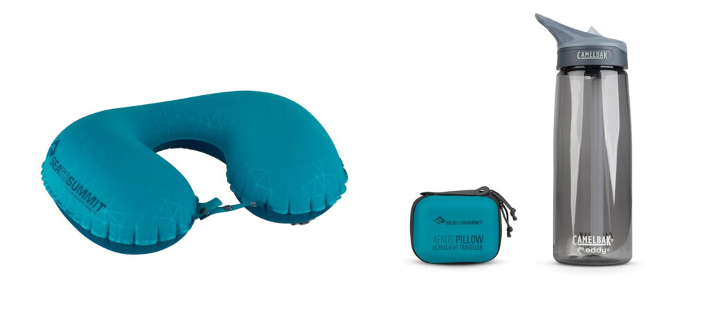 Sea to Summit Aeros Ultralight Travel Pillow fully inflated (left) and Sea to Summit Aeros Ultralight Travel Pillow compressed into carrying case next to a water bottle for size (right)