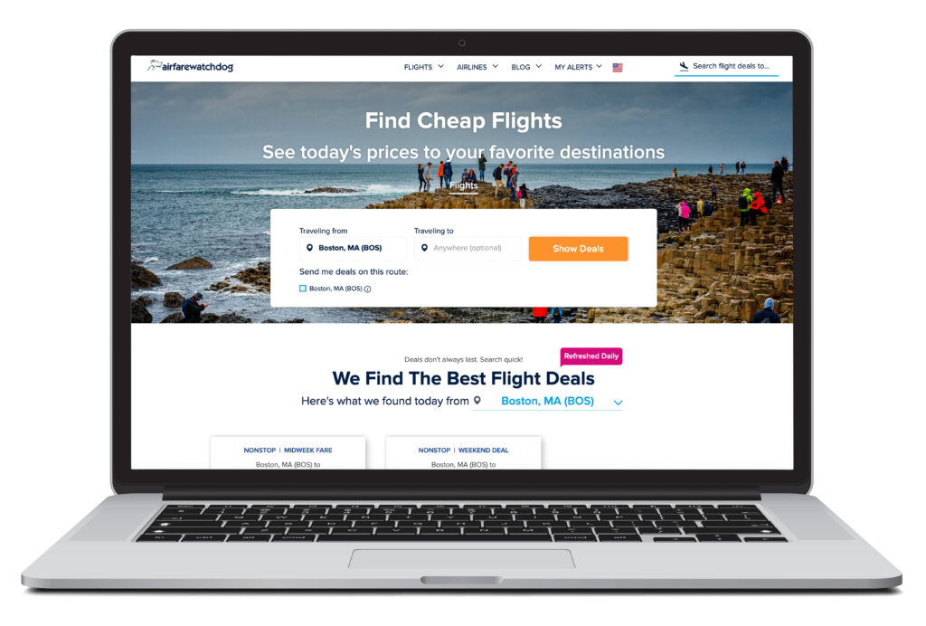 Open laptop showing flight search homescreen for airfarewatchdog