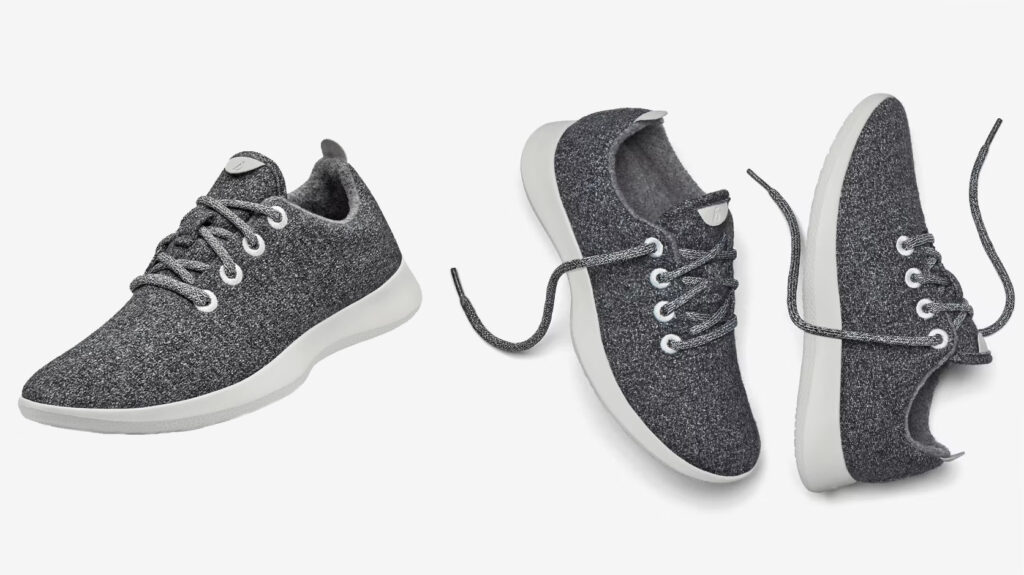 Multiple views of Allbirds Wool Runners in dark grey, a SmarterTravel favorite travel shoe