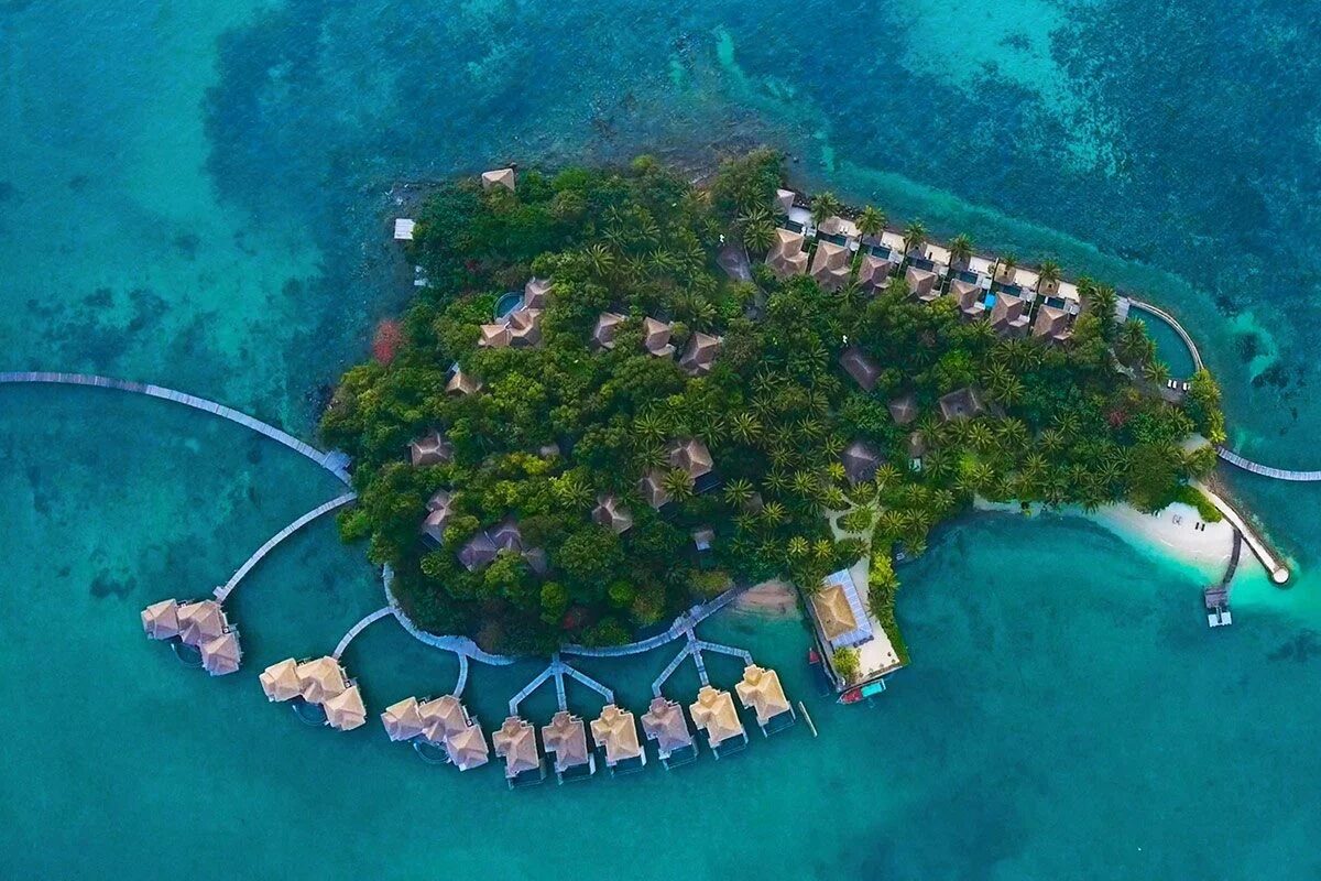 Aerial view of the overwater bungalows at Song Saa Private Island, Koh Ouen And Koh Rong, Cambodia