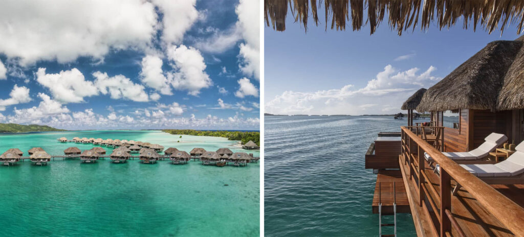 Aerial view of the overwater bungalows at the Four Seasons Resort Bora Bora (left) and view off one of the decks (right)