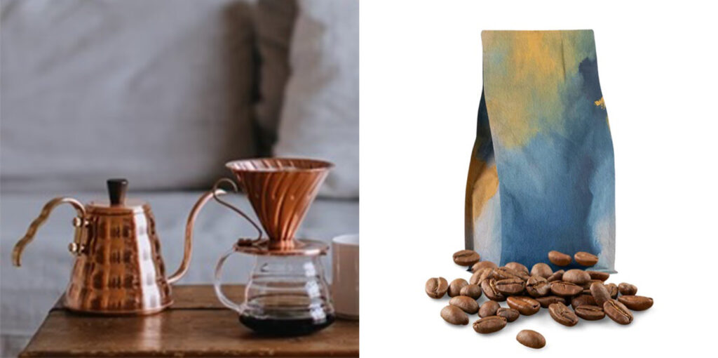 Brass pour over coffee set up (left) and bag of goodboybob coffee surrounded by coffee beans (right)