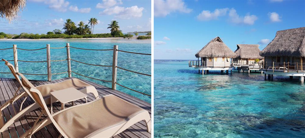 View from the deck of an overwater bungalow at Le Tikehau by Pearl Resorts (left) and view of the overwater bungalows at Le Tikehau by Pearl Resorts (right)