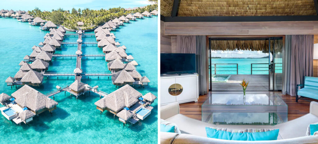 Aerial view of the overwater bungalows at The St. Regis Bora Bora Resort (left) and interior view of living area in overwater bungalow, opening up to the lagoon (right)