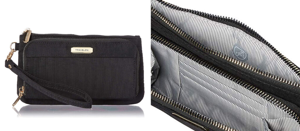 Two views of the Travelon RFID-Blocking Wristlet Clutch