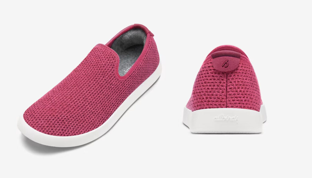 Allbirds Tree Loungers in pink, a slip on knit packable travel shoe