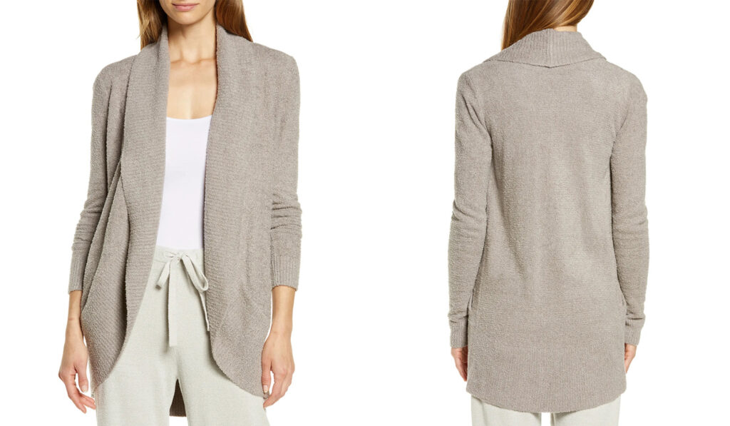 A draped open front cardigan in tan, available on Amazon