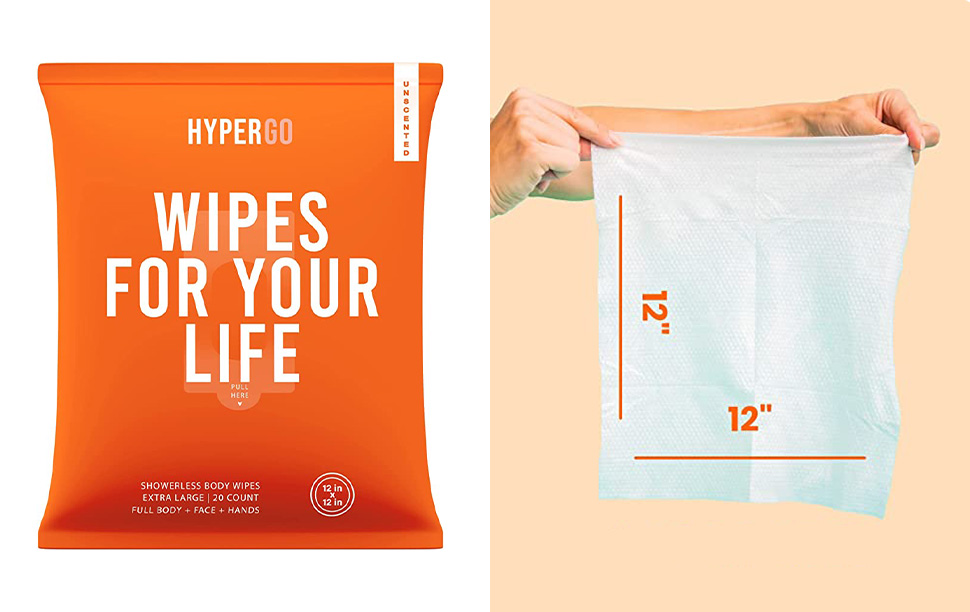 Hypergo body wipes, both in the package and unfolded to their full height and width