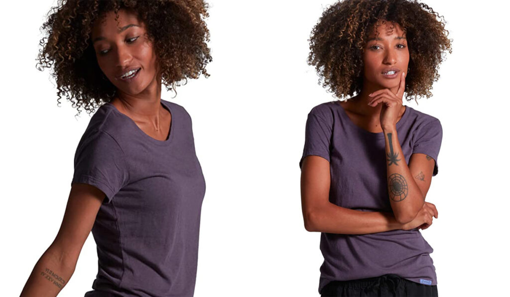 Model showing off two angles of a purple bamboo top available on Amazon