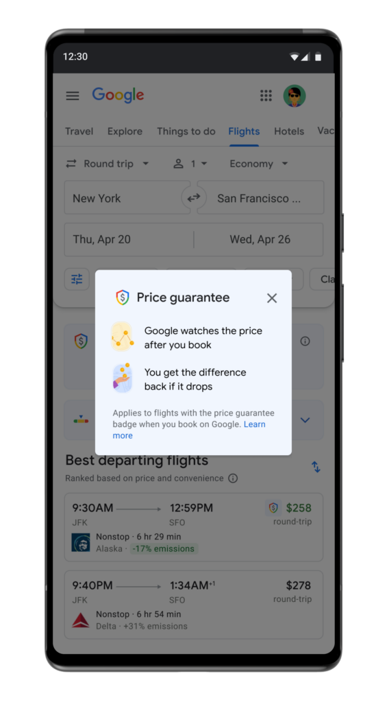 Smartphone showing the new Google Flights Price Drop monitoring option
