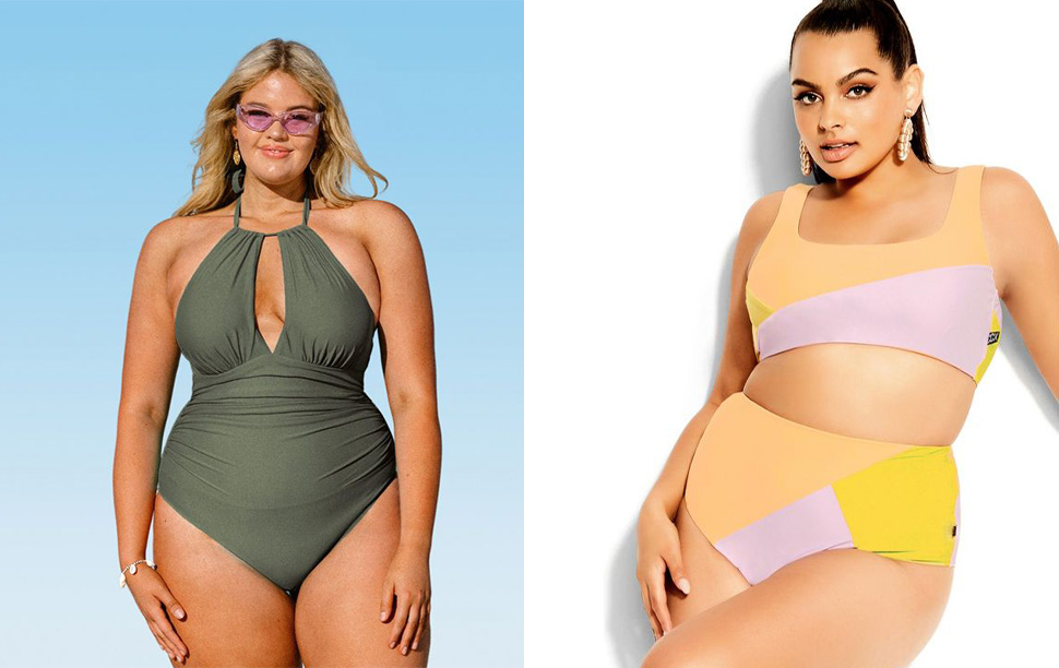Two models wearing swimsuits available in plus sizes at Target