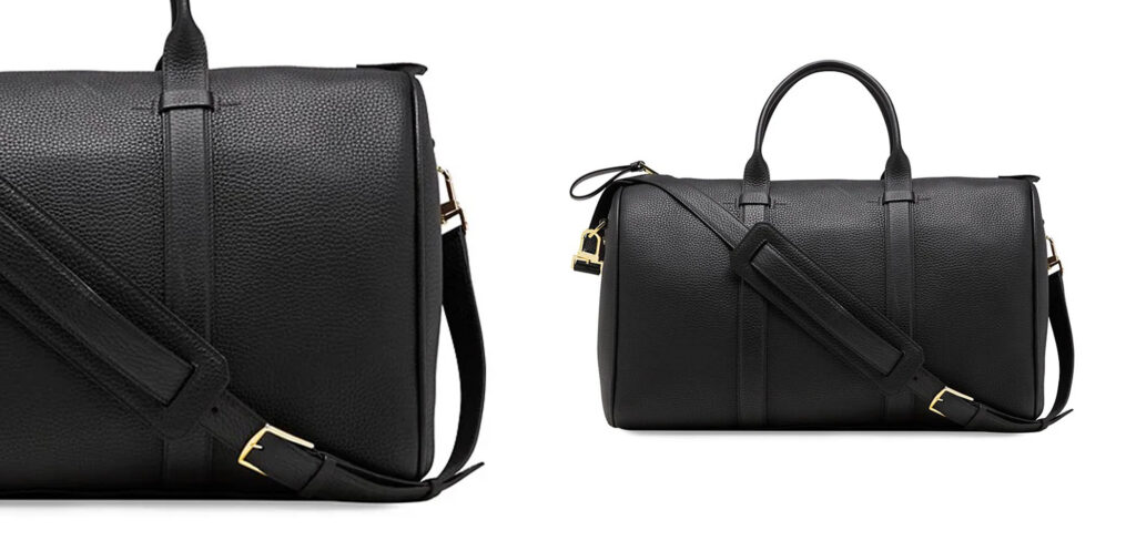 Two views of the Tom Ford Buckley Holdall Leather Bag in black