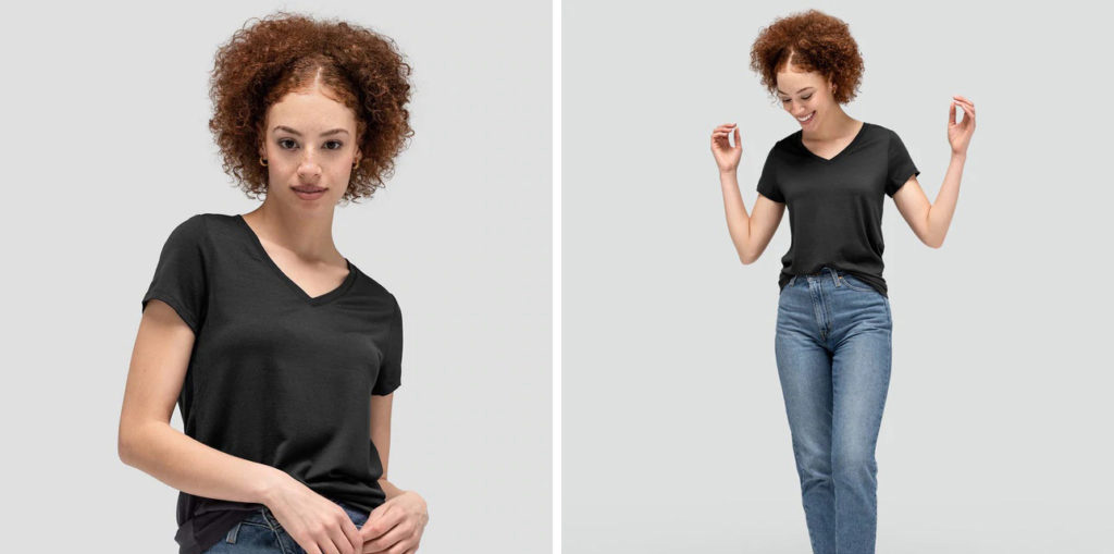 Two images of model wearing the Unbound Merino Wool V-Neck T-Shirt in black, an essential summer wardrobe item