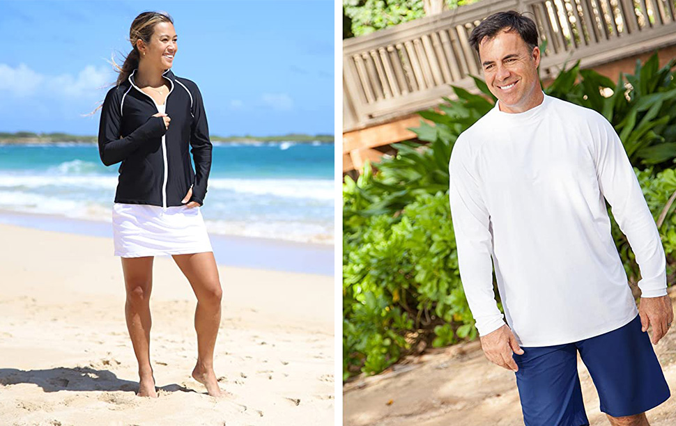 Woman wearing the UV SKINZ Water Jacket on the beach (left) and man wearing the Long Sleeve Sun & Swim Shirt from UV Skinz (right)