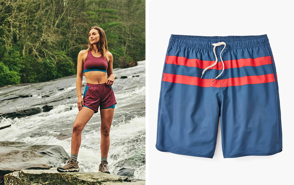 Woman wearing active swim shorts and sports bra from Fair Harbor while hiking next to a waterfall (left) and flat lay image of men's swim trunks from Fair Harbor (right)