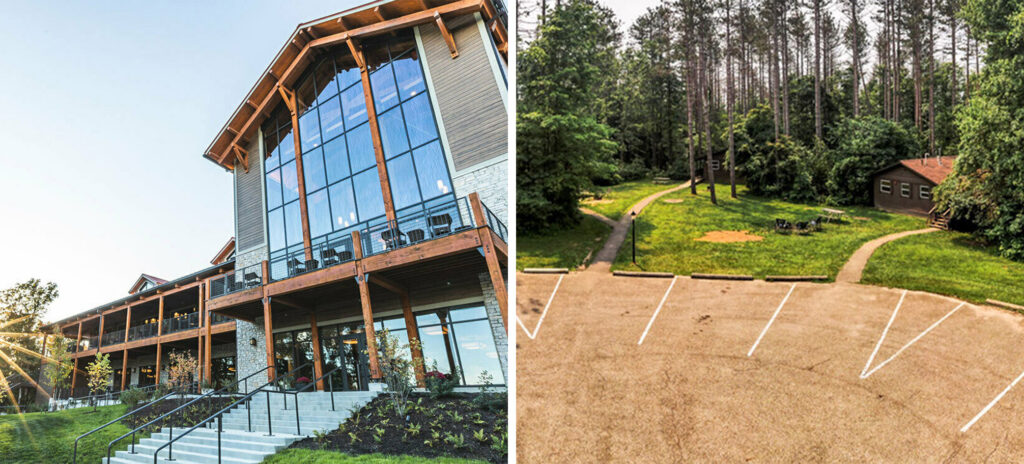 Exterior of the main building at Hocking Hills State Park Lodge in Ohio, United States (left) and outlying cabins on the property (right)