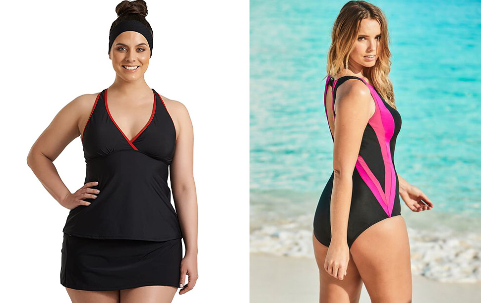 Models wearing the Always for Me Charlie Surplice Racerback Tankini top (left) and the Swimsuits for All Colorblock One-Piece (Right)