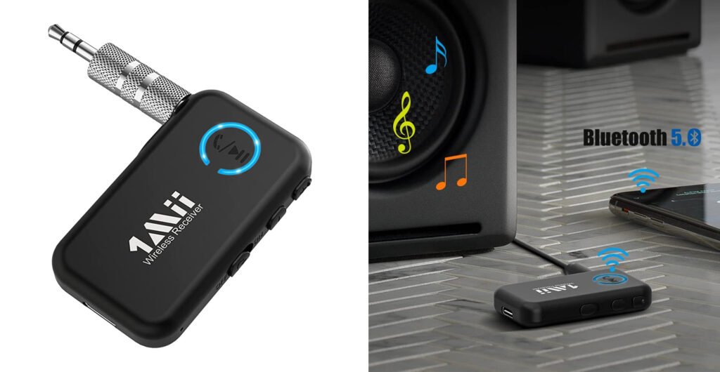 Close up of the 1 Mii Bluetooth Audio Transmitter (left) and an image of the 1 Mii Bluetooth Audio Transmitter being plugged into a speaker (right)