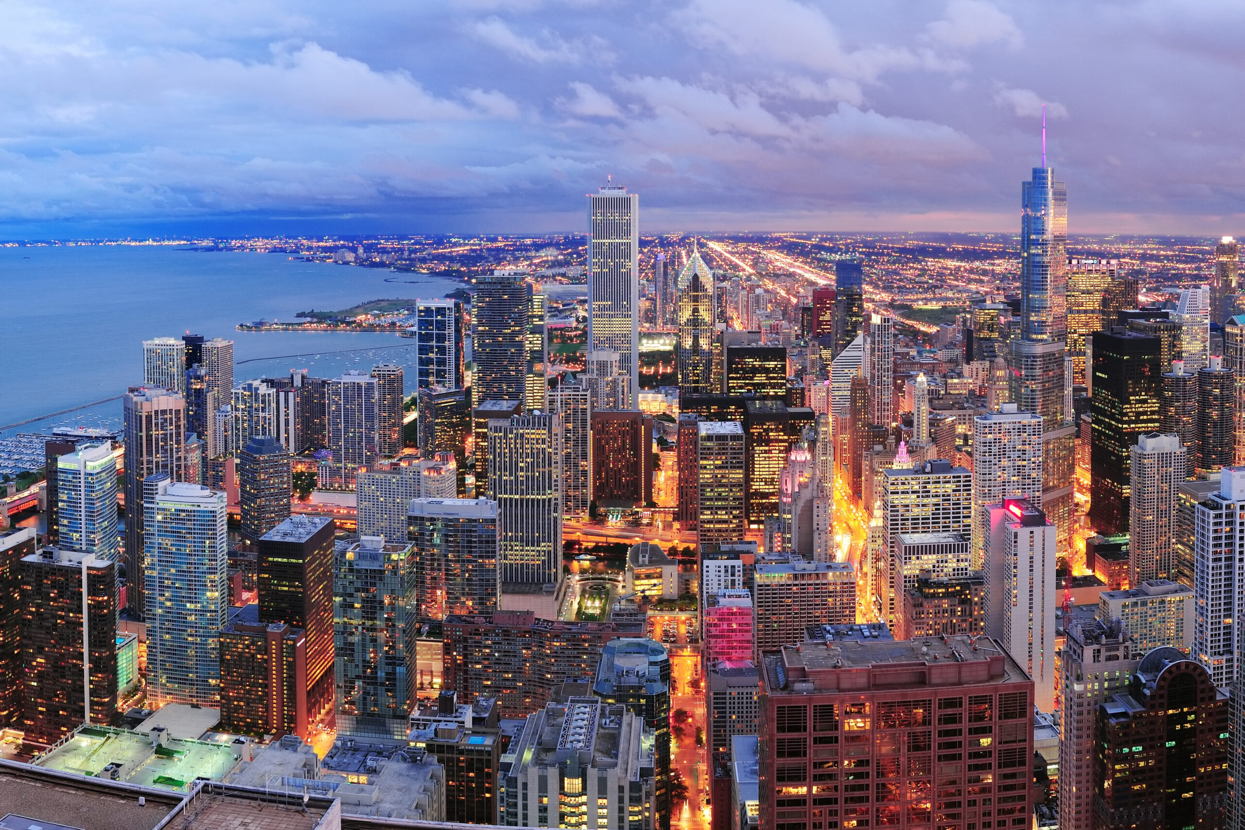 Aerial view of the skyline of Chicago, Illinois, United States at dusk