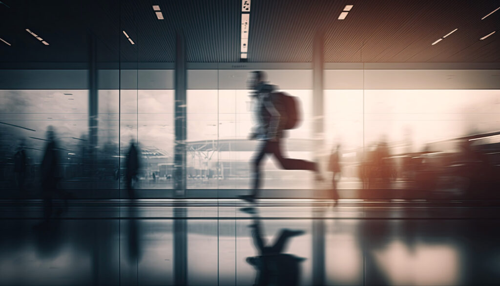 Long exposure blurry image of man running through airport at sunset