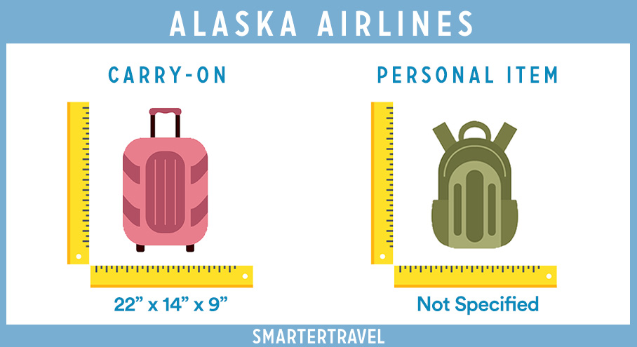Graphic showing rulers measuring two piece of luggage side by side, listing the personal item and carry-on maximum dimensions for Alaska Airlines