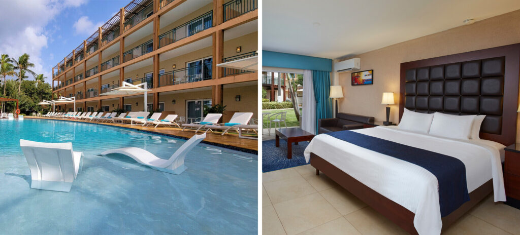 Outdoor pool and lounge area at Divi All Inclusive Resorts, Aruba (left) and interior guest room at Divi All Inclusive Resorts, Aruba (right)