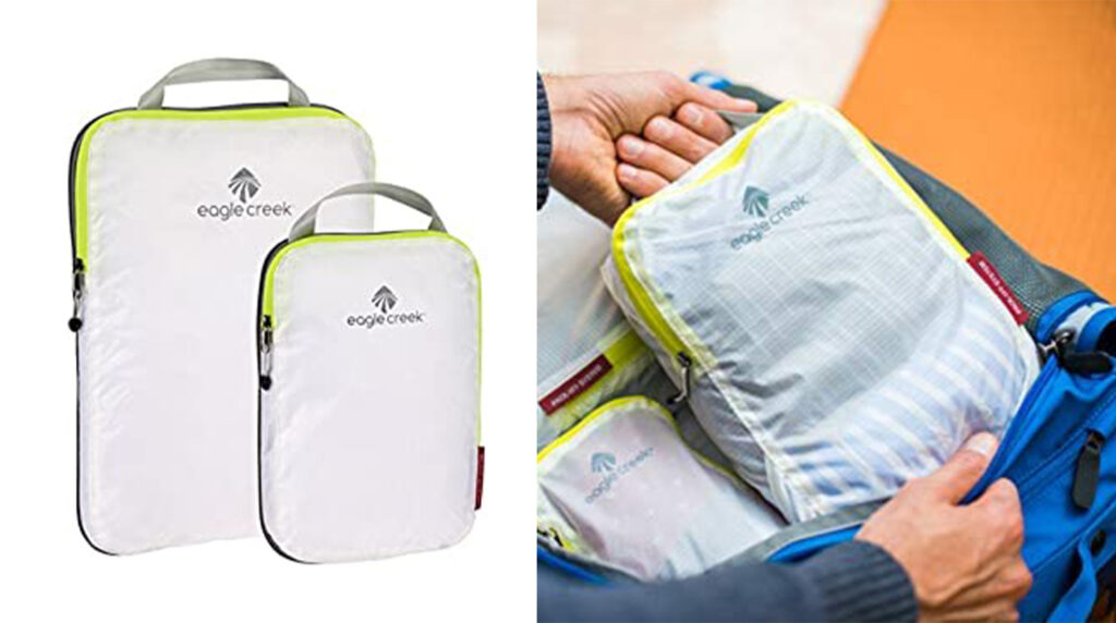 Two sizes of the Eagle Creek packing cubes (left) and person using the large Eagle Creek packing cube  to pack suitcase (right)