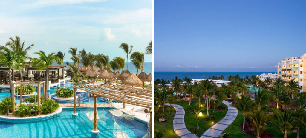 Outdoor pool area at Excellence Playa Mujeres, Mexico (left) and aerial view of the hotel grounds (right)