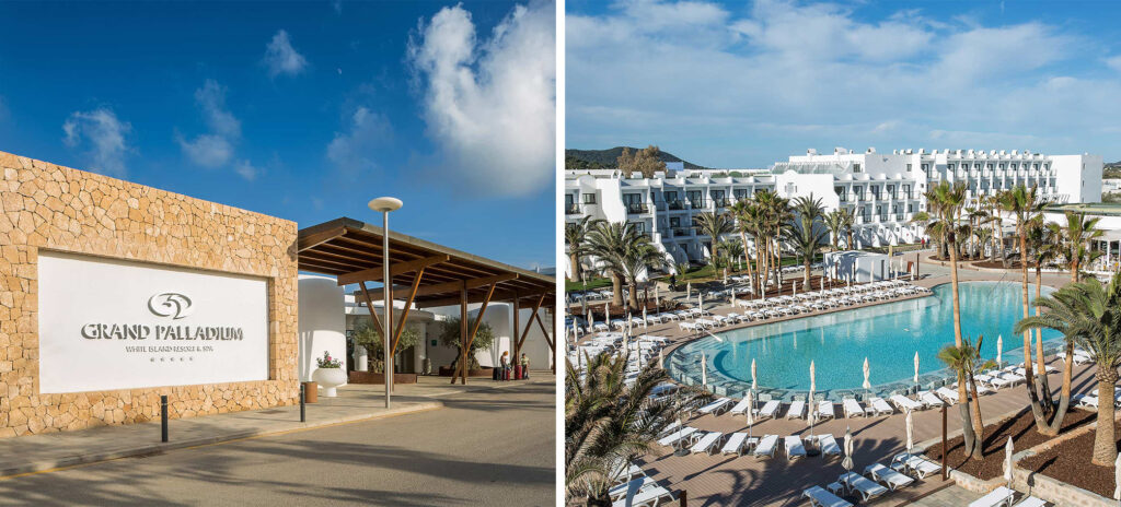Front entrance of Grand Palladium White Island Resort and Spa, Ibiza, Spain (left) and view of the pool area next to the hotel (right)