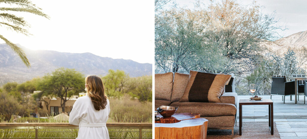 Woman wearing a white robe and looking over a mountainous landscape from a wooden deck (left) and an outdoor dining and sitting area at Miraval Arizona, USA (right)
