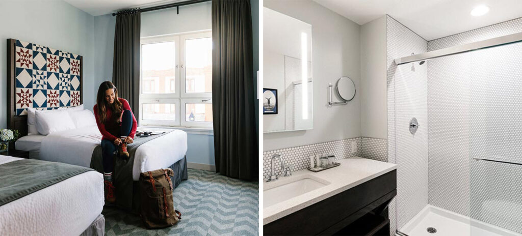 Example of a bedroom and bathroom in a guestroom at the Mount Royal Hotel in Banff, Alberta, Canada